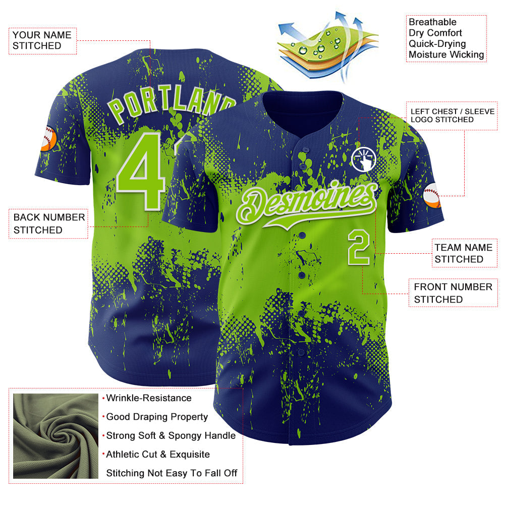 Custom Royal Neon Green-White 3D Pattern Design Abstract Splatter Grunge Paint Authentic Baseball Jersey