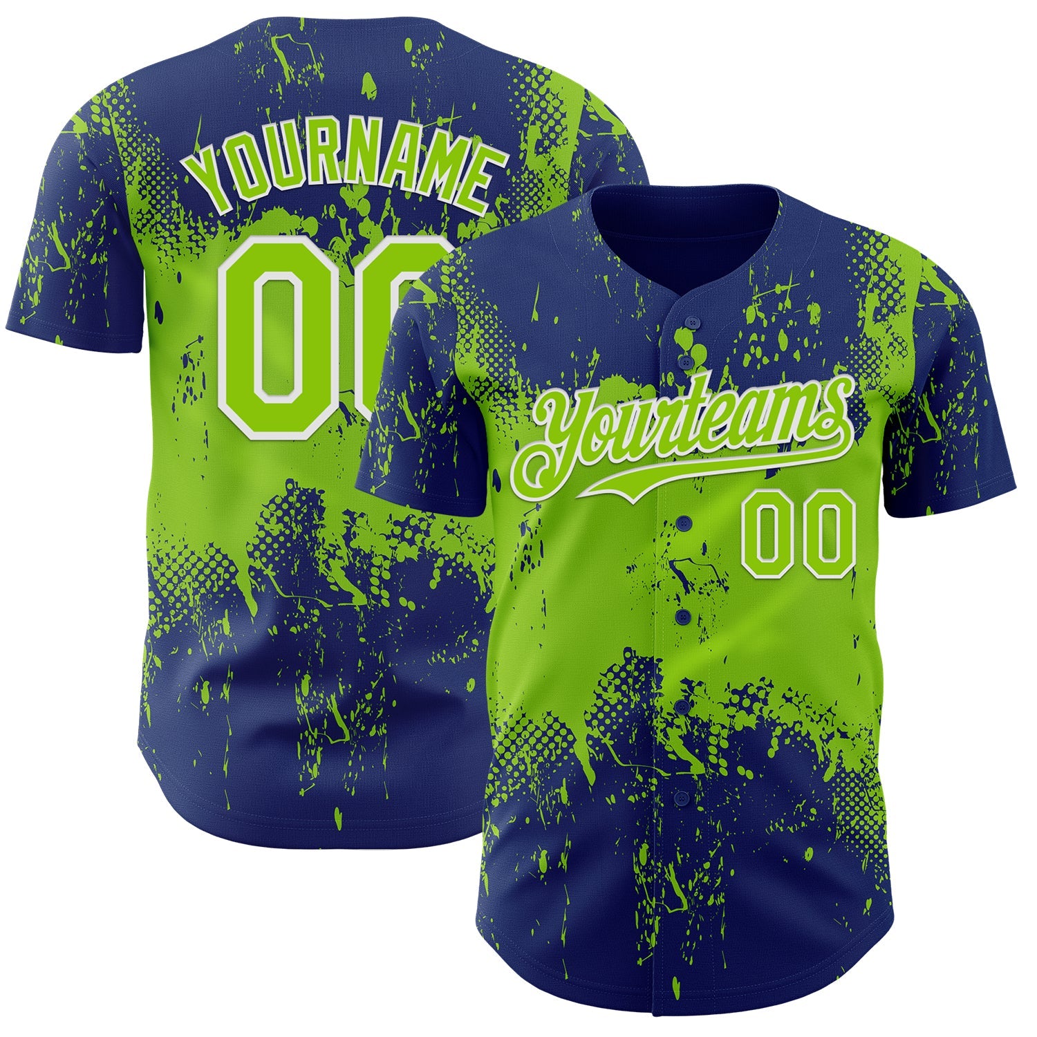 Custom Royal Neon Green-White 3D Pattern Design Abstract Splatter Grunge Paint Authentic Baseball Jersey