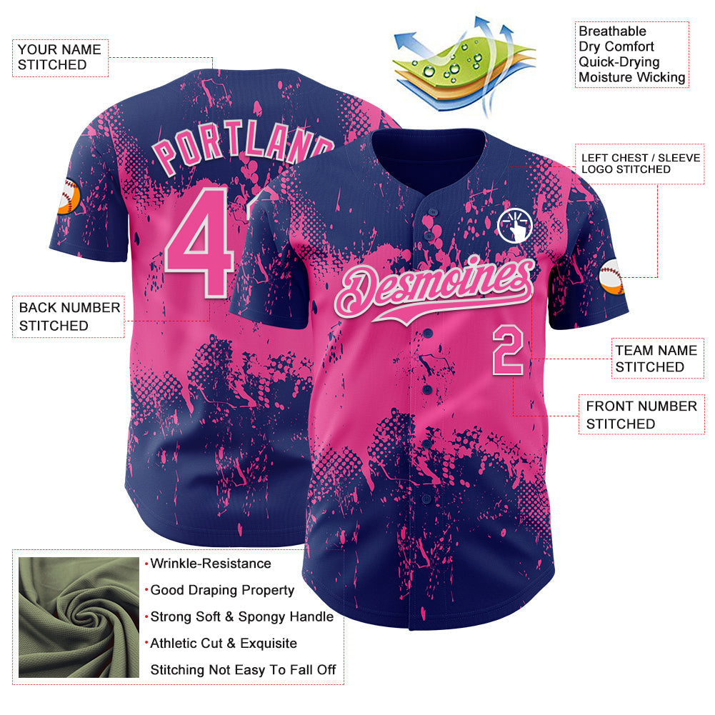 Custom Royal Pink-White 3D Pattern Design Abstract Splatter Grunge Paint Authentic Baseball Jersey