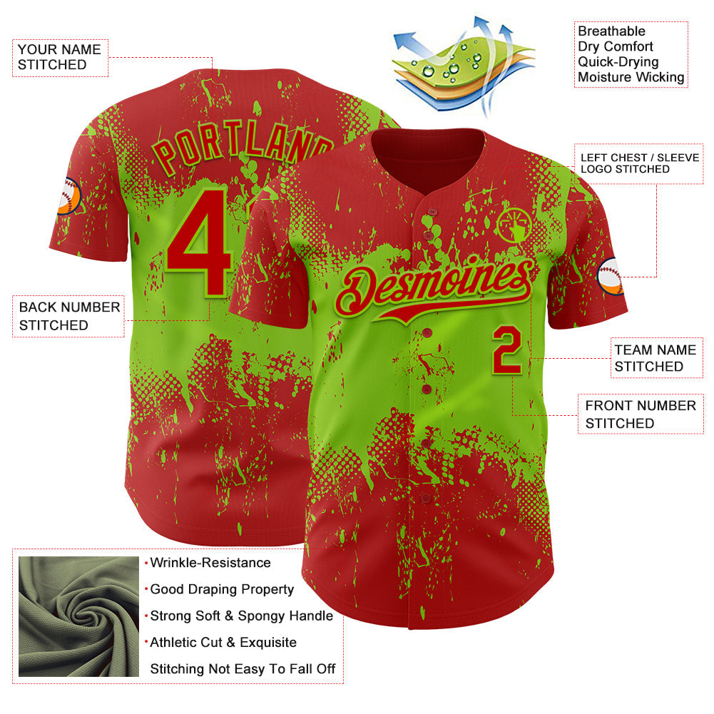 Custom Red Neon Green 3D Pattern Design Abstract Splatter Grunge Paint Authentic Baseball Jersey