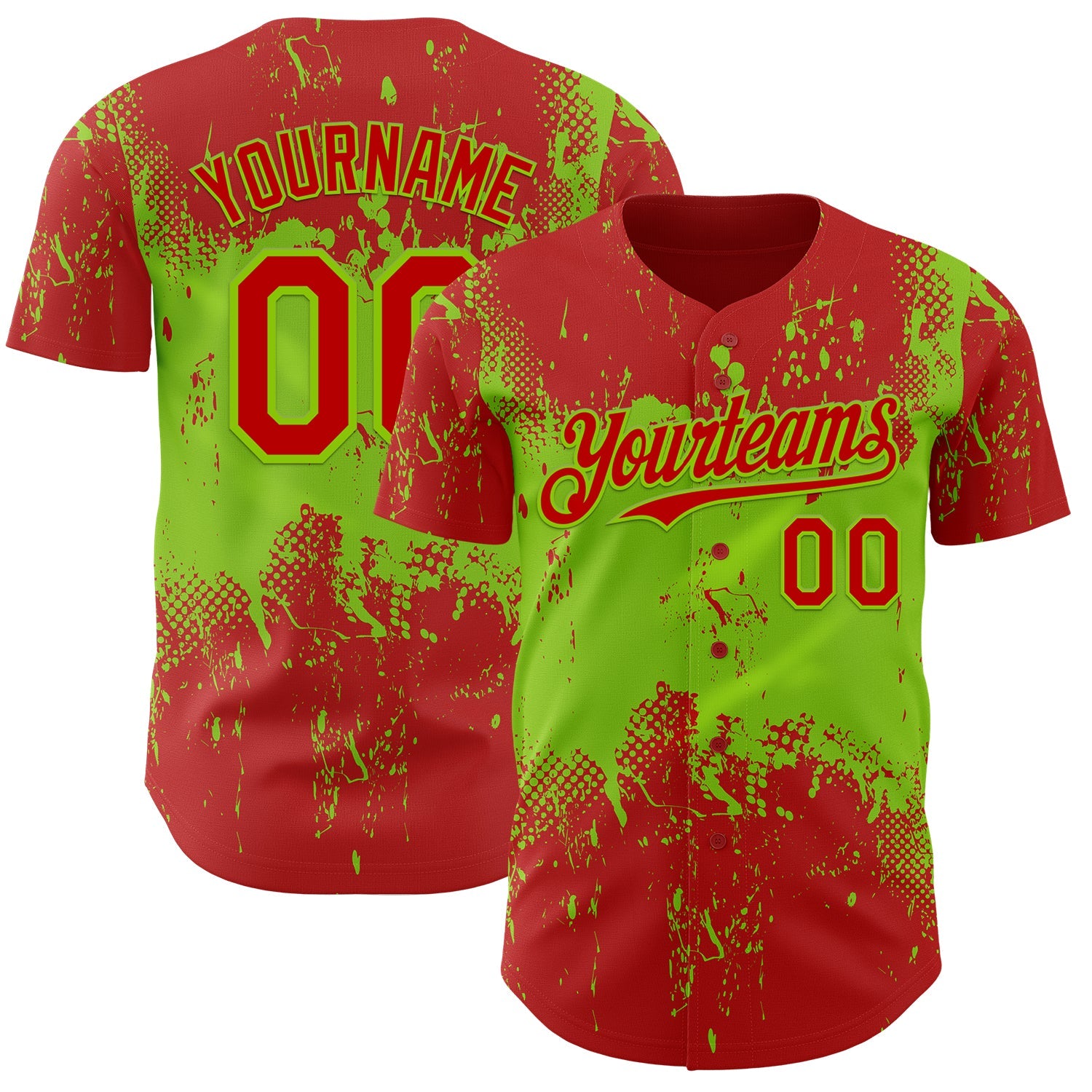 Custom Red Neon Green 3D Pattern Design Abstract Splatter Grunge Paint Authentic Baseball Jersey