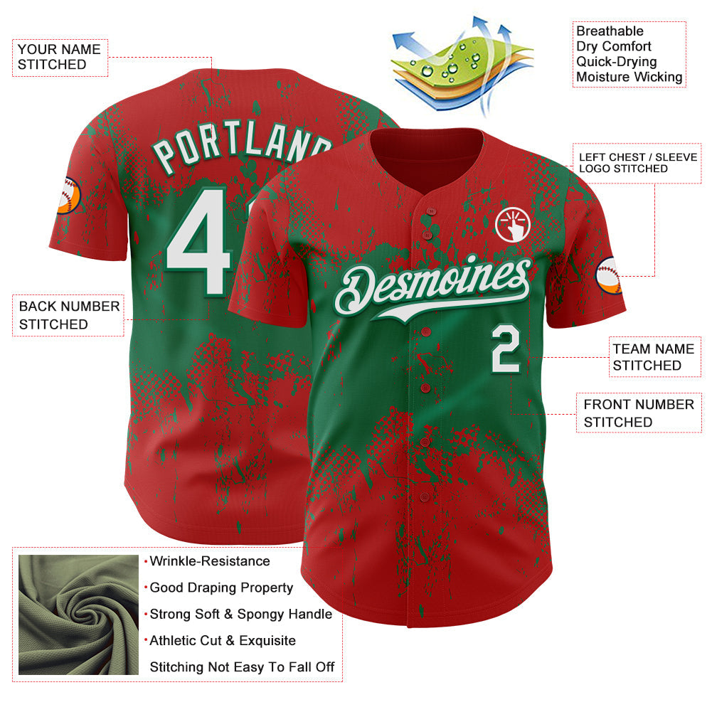 Custom Red White-Kelly Green 3D Pattern Design Abstract Splatter Grunge Paint Authentic Baseball Jersey