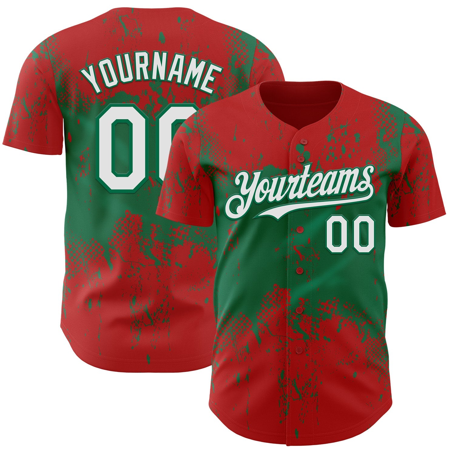 Custom Red White-Kelly Green 3D Pattern Design Abstract Splatter Grunge Paint Authentic Baseball Jersey