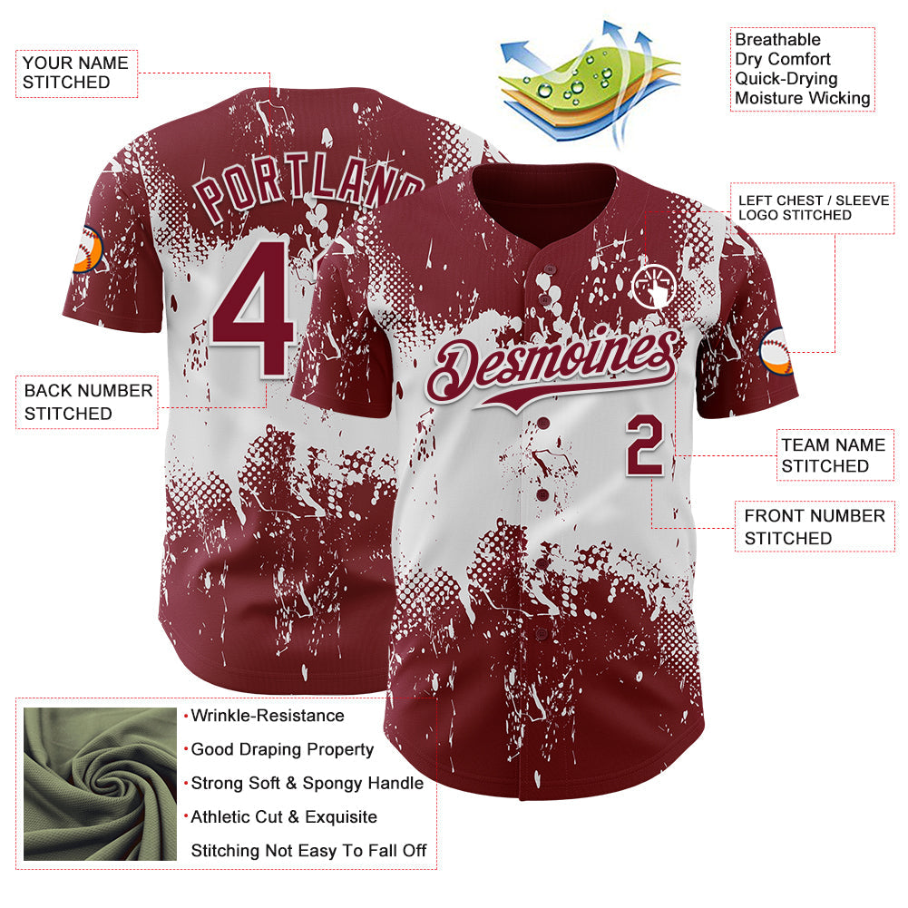 Custom Crimson White 3D Pattern Design Abstract Splatter Grunge Paint Authentic Baseball Jersey