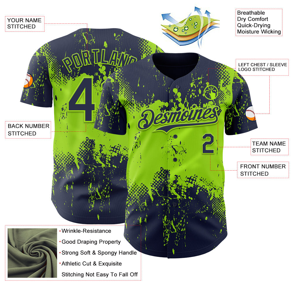 Custom Navy Neon Green 3D Pattern Design Abstract Splatter Grunge Paint Authentic Baseball Jersey