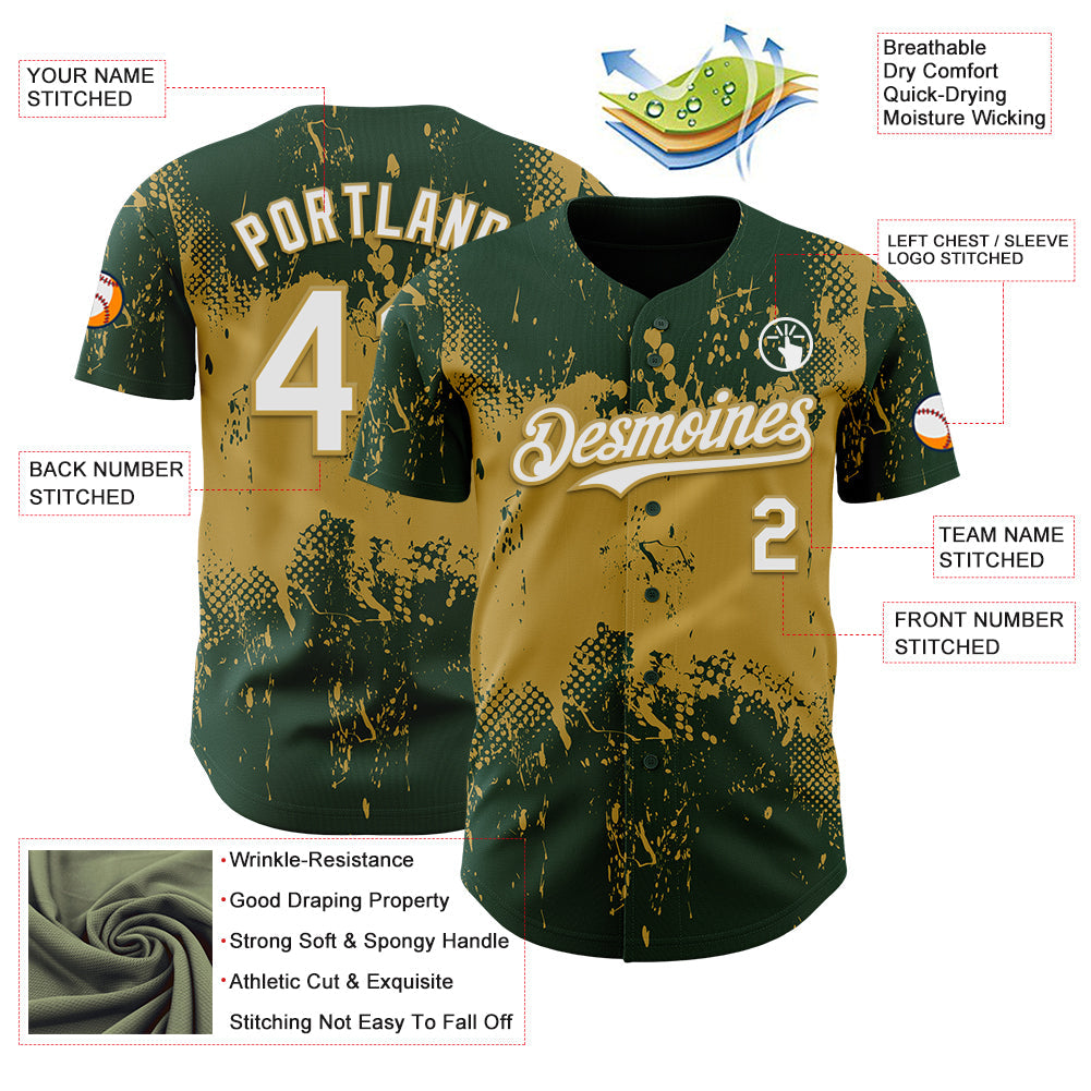 Custom Green White-Old Gold 3D Pattern Design Abstract Splatter Grunge Paint Authentic Baseball Jersey