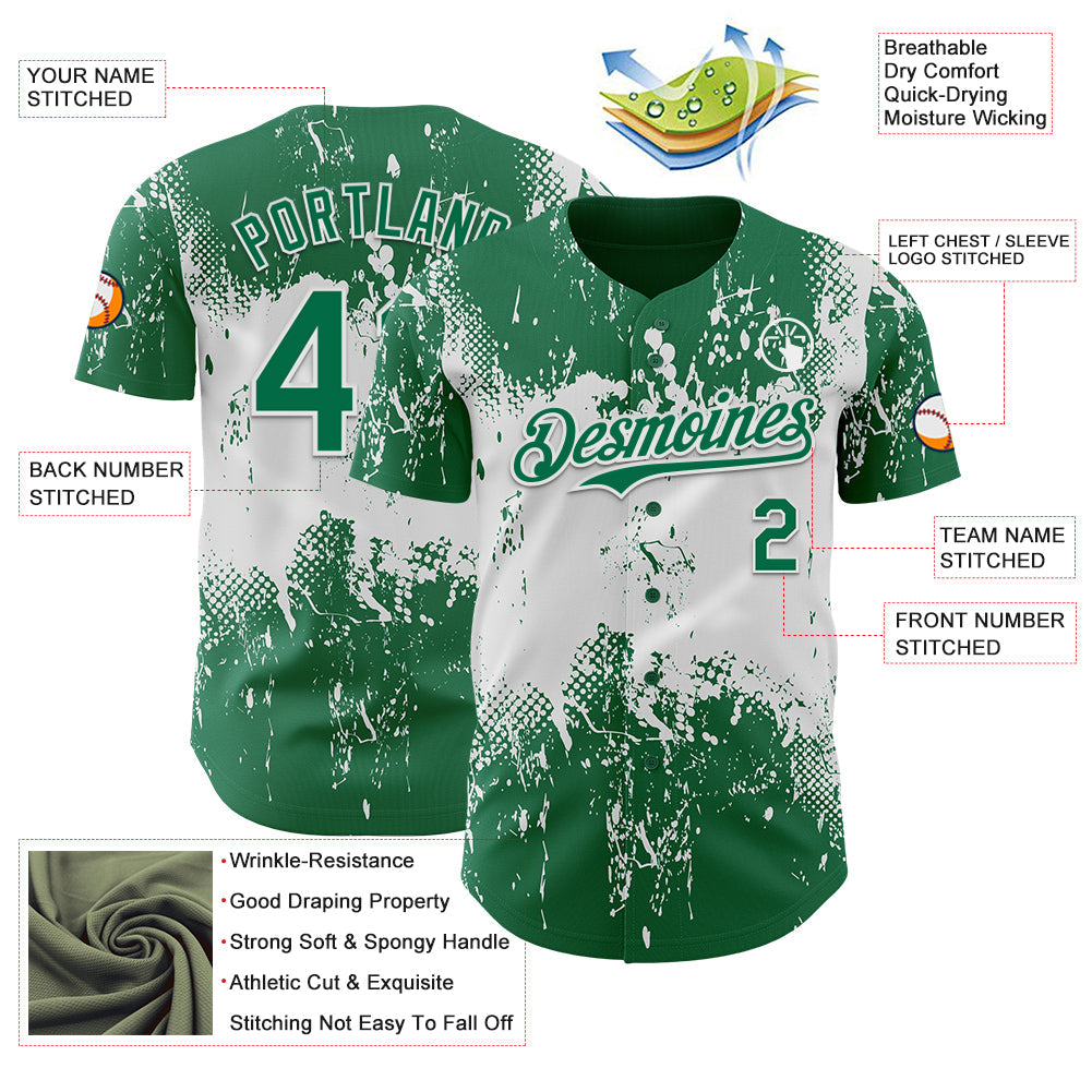 Custom Kelly Green White 3D Pattern Design Abstract Splatter Grunge Paint Authentic Baseball Jersey