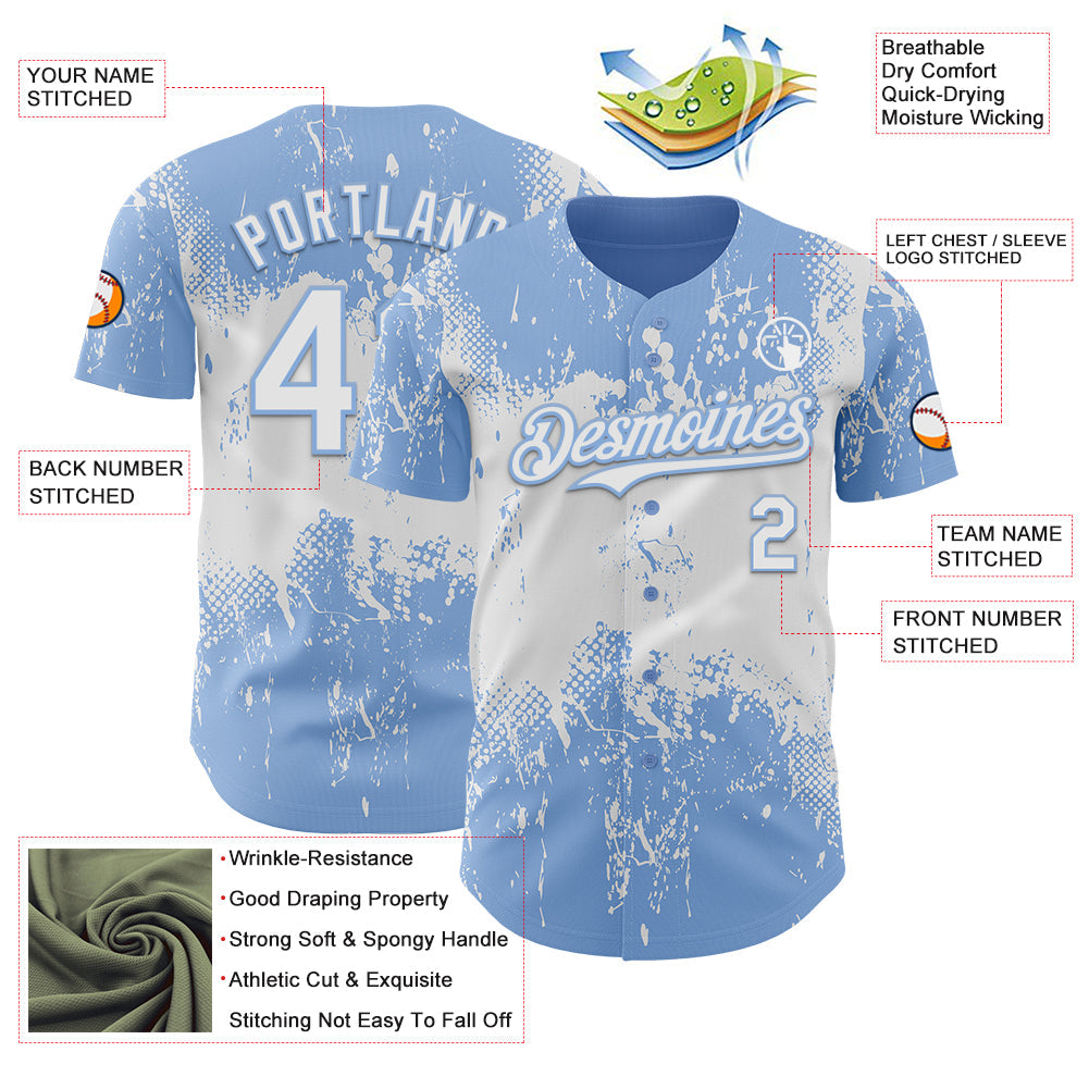 Custom Light Blue White 3D Pattern Design Abstract Splatter Grunge Paint Authentic Baseball Jersey
