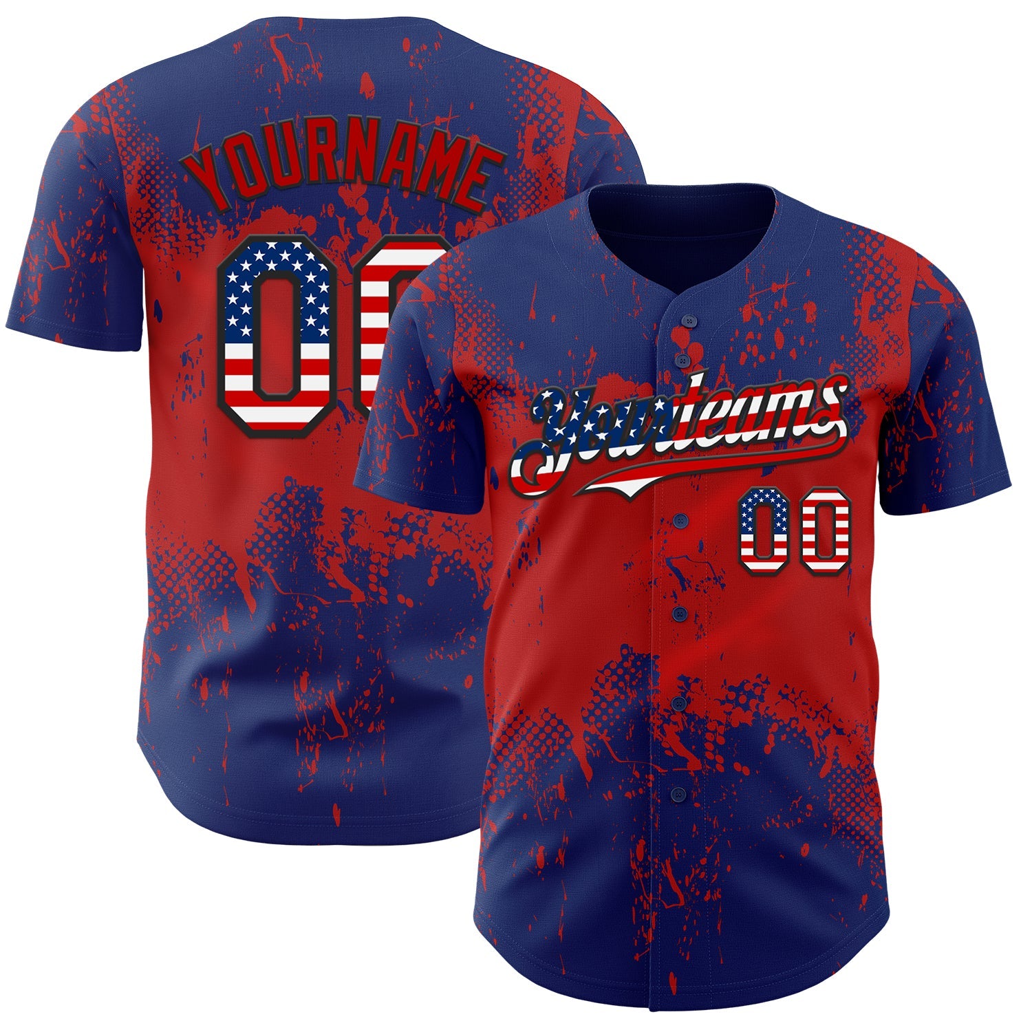 Custom Royal USA Flag Red-Black 3D Pattern Design Abstract Splatter Grunge Paint Authentic Baseball Jersey