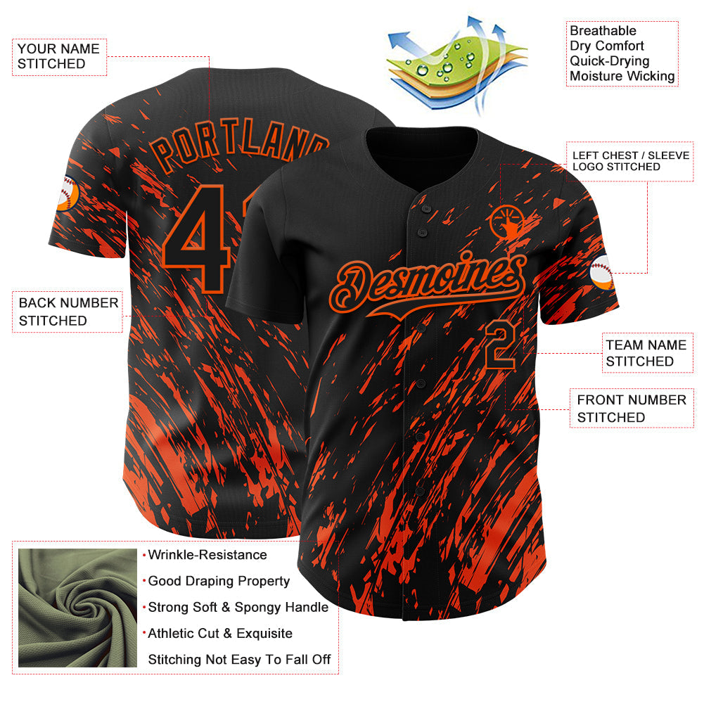 Custom Black Orange 3D Pattern Design Paint Stroke Grunge Streak Authentic Baseball Jersey