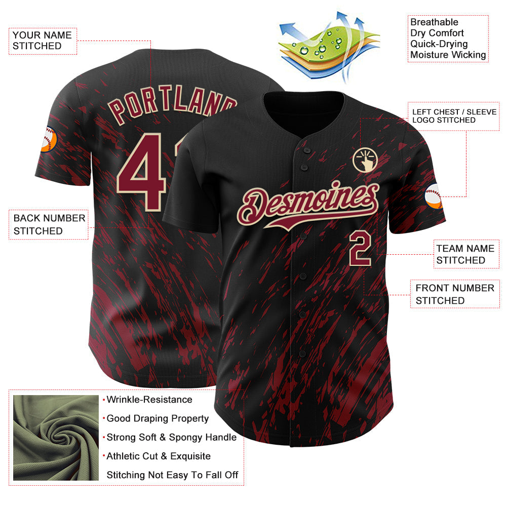 Custom Black Crimson-Cream 3D Pattern Design Paint Stroke Grunge Streak Authentic Baseball Jersey