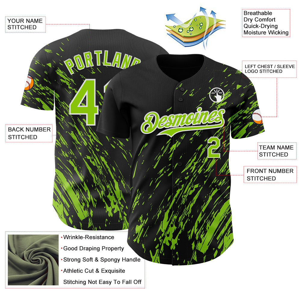Custom Black Neon Green-White 3D Pattern Design Paint Stroke Grunge Streak Authentic Baseball Jersey