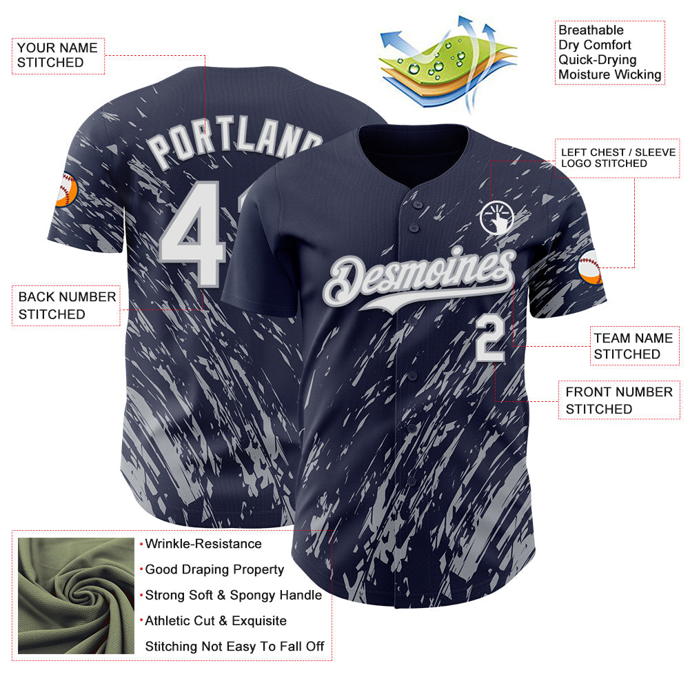 Custom Navy White-Gray 3D Pattern Design Paint Stroke Grunge Streak Authentic Baseball Jersey
