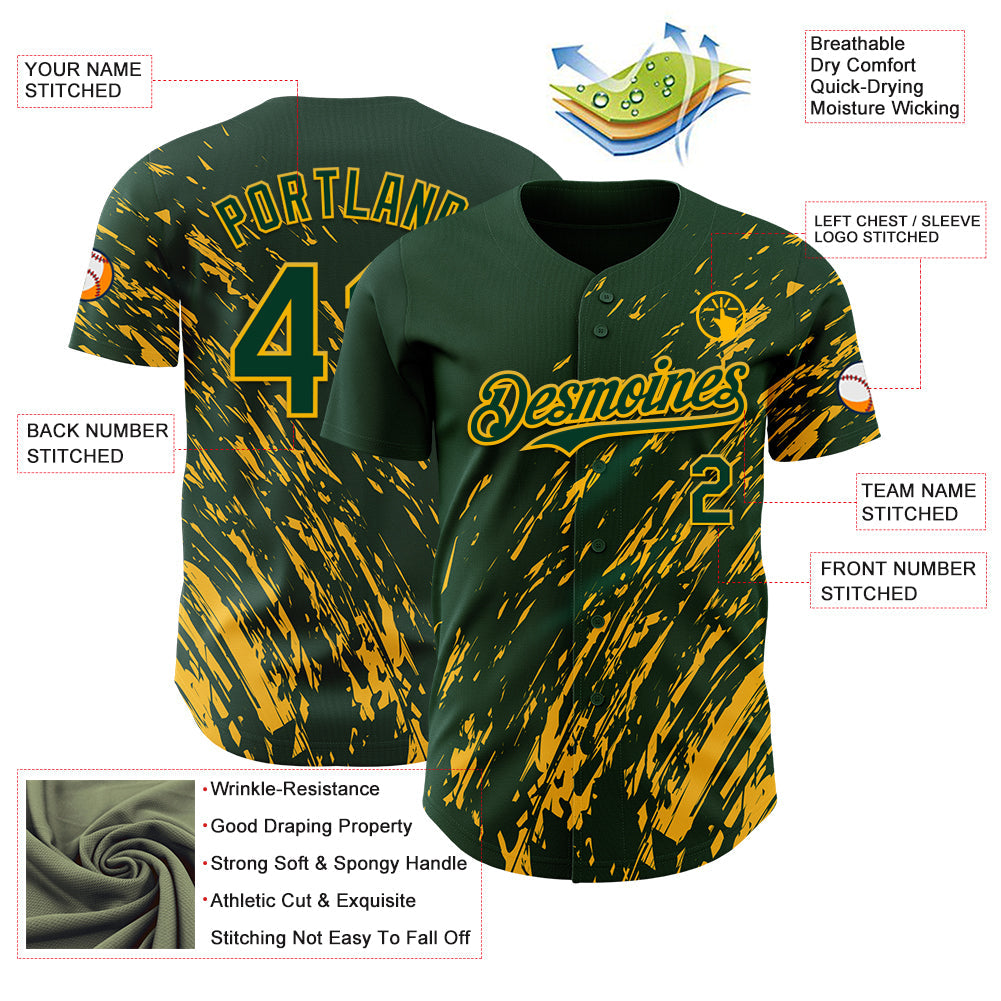 Custom Green Gold 3D Pattern Design Paint Stroke Grunge Streak Authentic Baseball Jersey