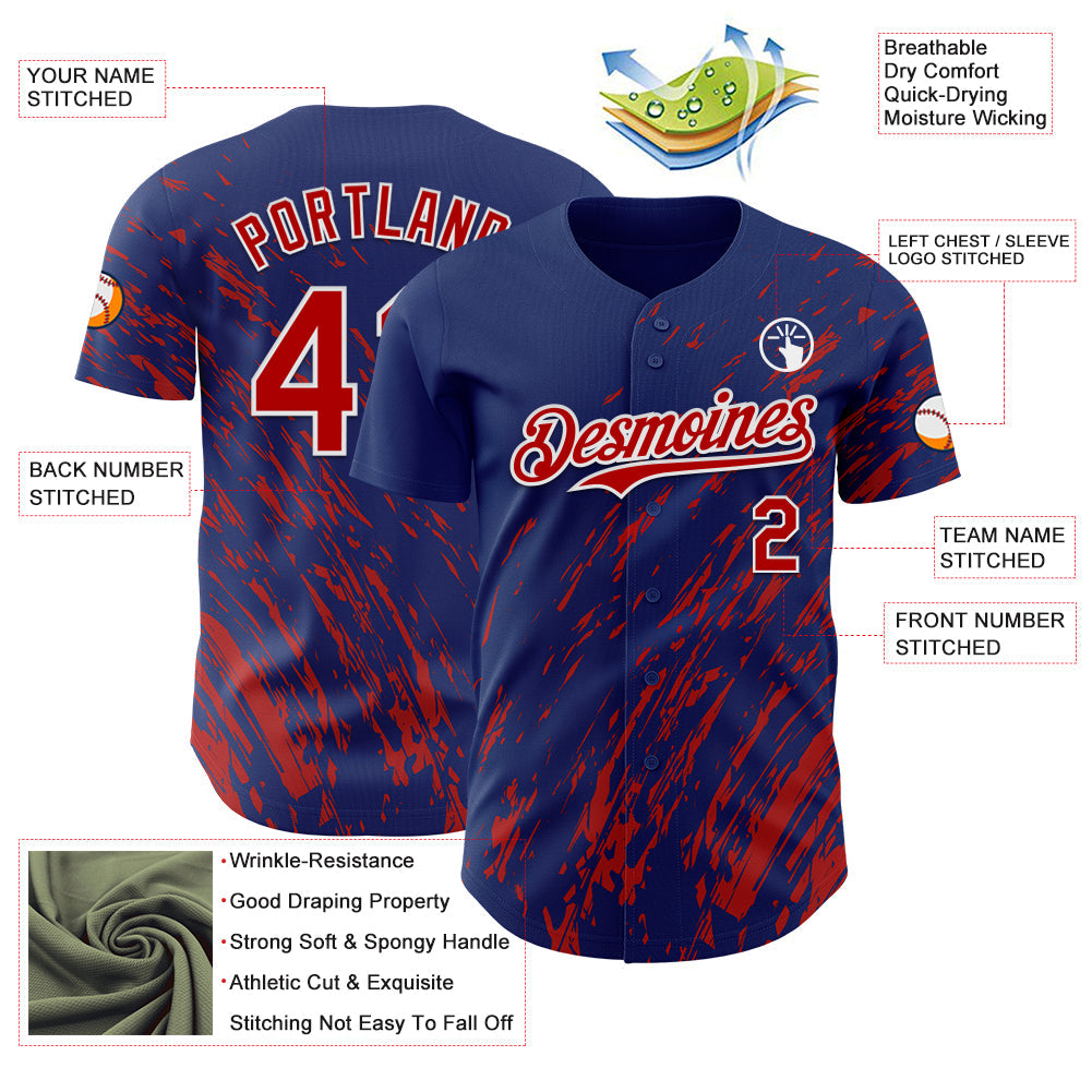 Custom Royal Red-White 3D Pattern Design Paint Stroke Grunge Streak Authentic Baseball Jersey