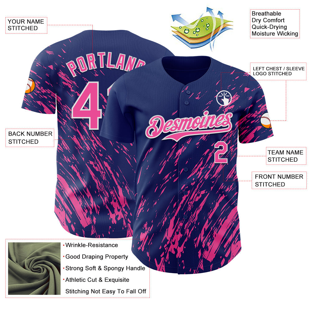 Custom Royal Pink-White 3D Pattern Design Paint Stroke Grunge Streak Authentic Baseball Jersey