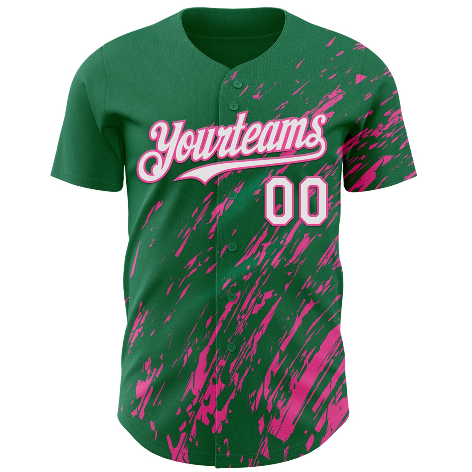 Custom Kelly Green White-Pink 3D Pattern Design Paint Stroke Grunge Streak Authentic Baseball Jersey
