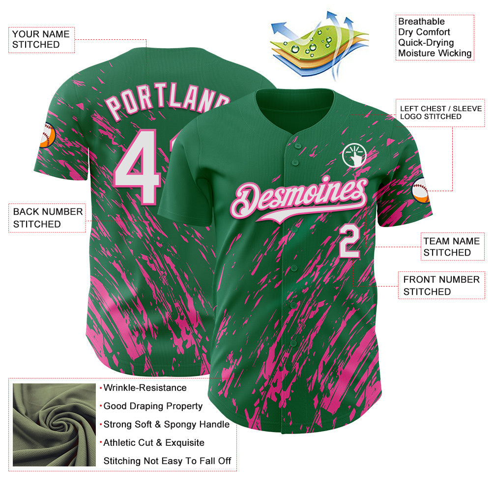 Custom Kelly Green White-Pink 3D Pattern Design Paint Stroke Grunge Streak Authentic Baseball Jersey