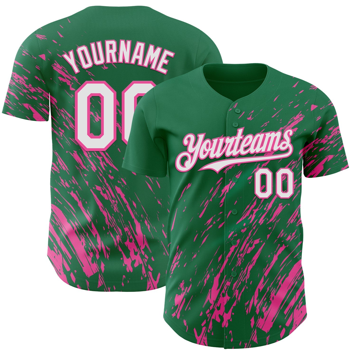 Custom Kelly Green White-Pink 3D Pattern Design Paint Stroke Grunge Streak Authentic Baseball Jersey