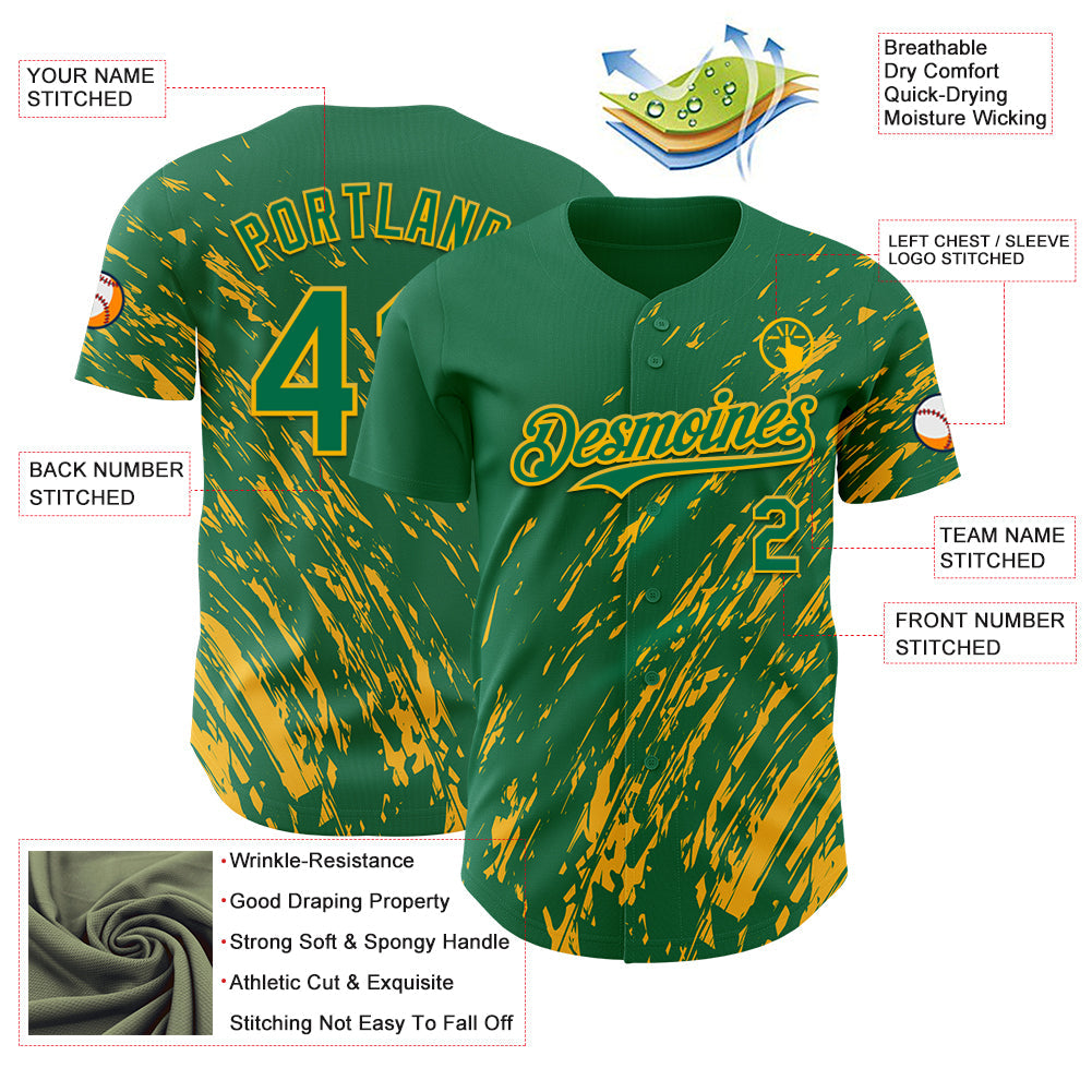 Custom Kelly Green Gold 3D Pattern Design Paint Stroke Grunge Streak Authentic Baseball Jersey