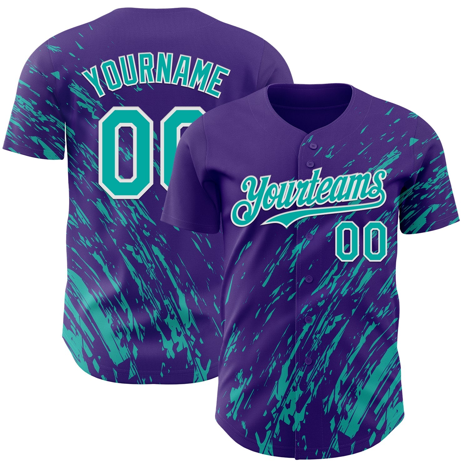 Custom Purple Aqua-White 3D Pattern Design Paint Stroke Grunge Streak Authentic Baseball Jersey