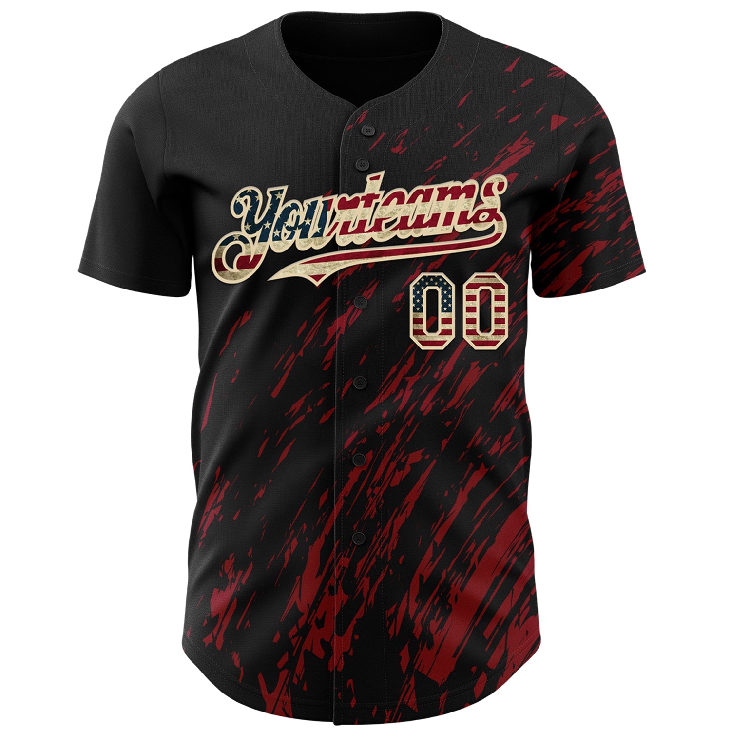 Custom Black Vintage USA Flag Crimson-Cream 3D Pattern Design Paint Stroke Grunge Streak Authentic Baseball Jersey