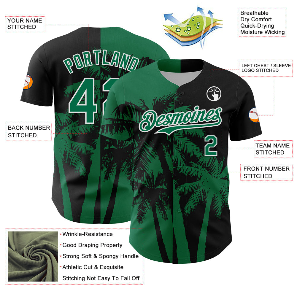 Custom Black Kelly Green-White 3D Pattern Design Hawaii Palm Trees Tropical Coconut Authentic Baseball Jersey