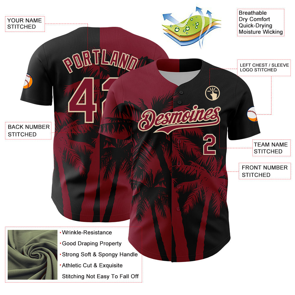Custom Black Crimson-City Cream 3D Pattern Design Hawaii Palm Trees Tropical Coconut Authentic Baseball Jersey