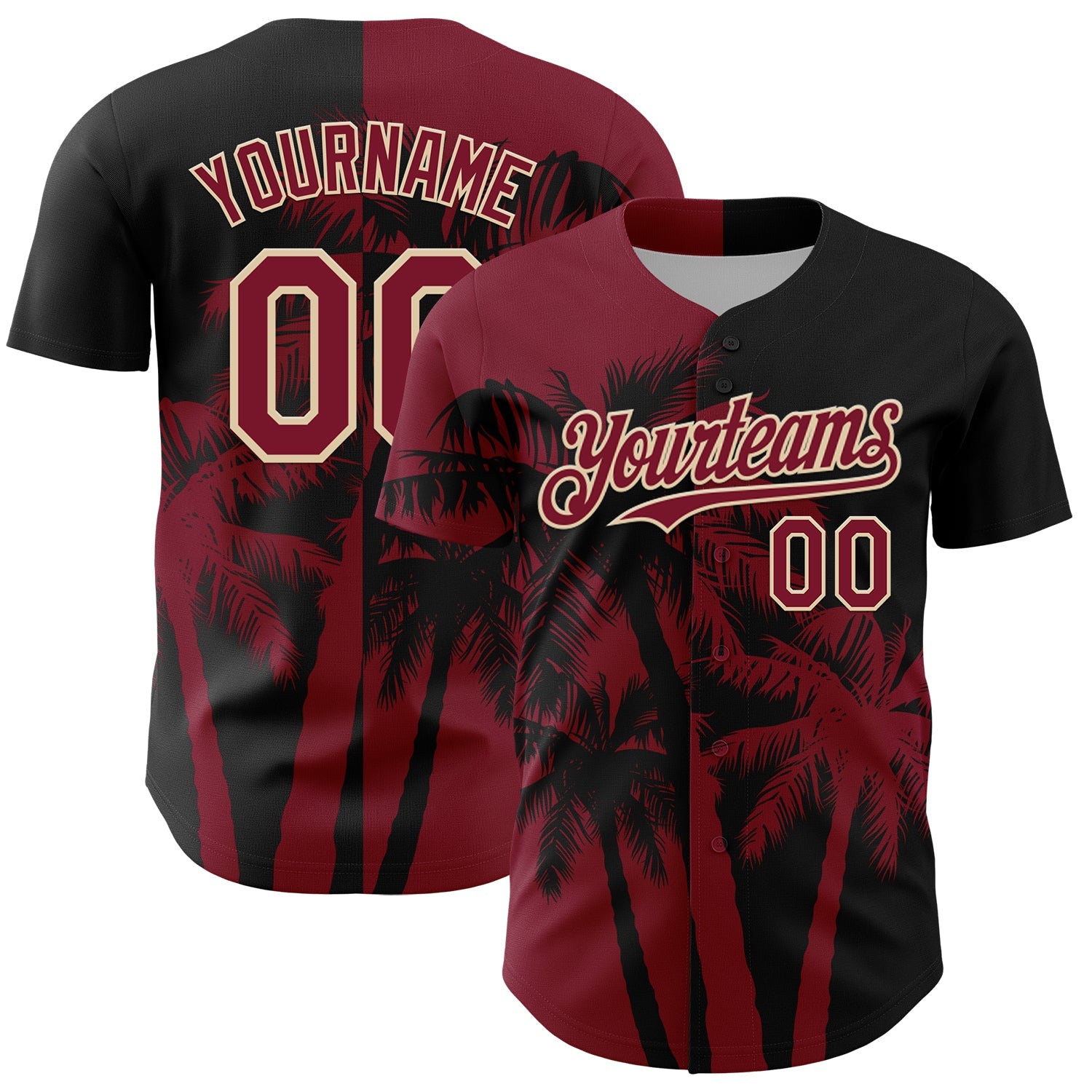 Custom Black Crimson-City Cream 3D Pattern Design Hawaii Palm Trees Tropical Coconut Authentic Baseball Jersey