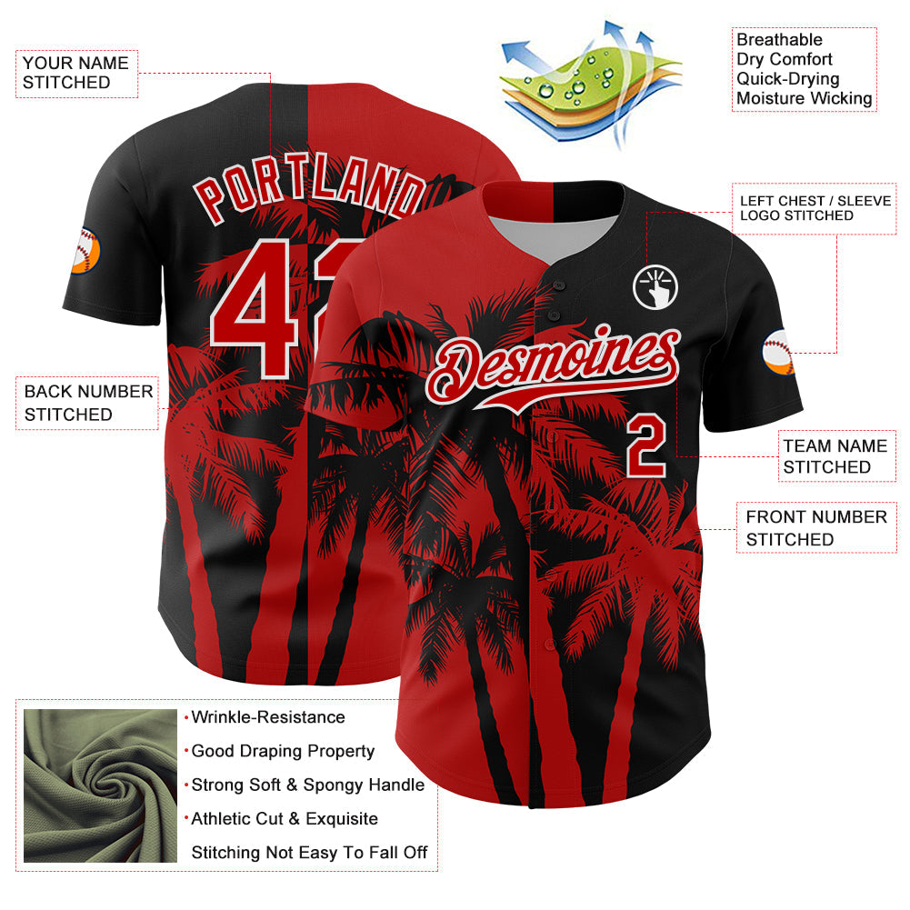 Custom Black Red-White 3D Pattern Design Hawaii Palm Trees Tropical Coconut Authentic Baseball Jersey