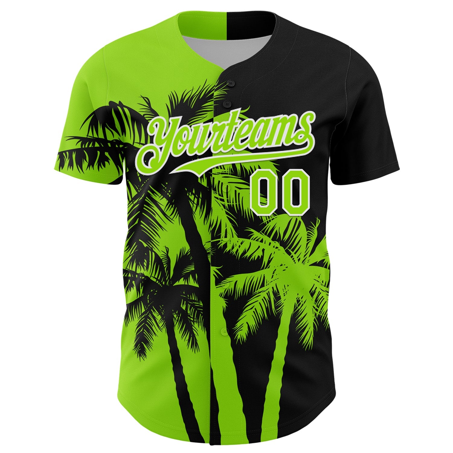 Custom Black Neon Green-White 3D Pattern Design Hawaii Palm Trees Tropical Coconut Authentic Baseball Jersey