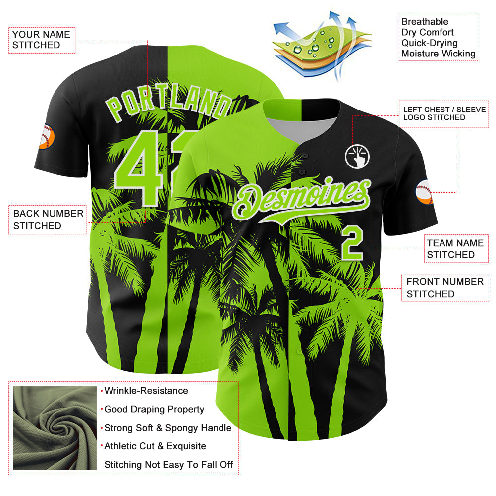 Custom Black Neon Green-White 3D Pattern Design Hawaii Palm Trees Tropical Coconut Authentic Baseball Jersey