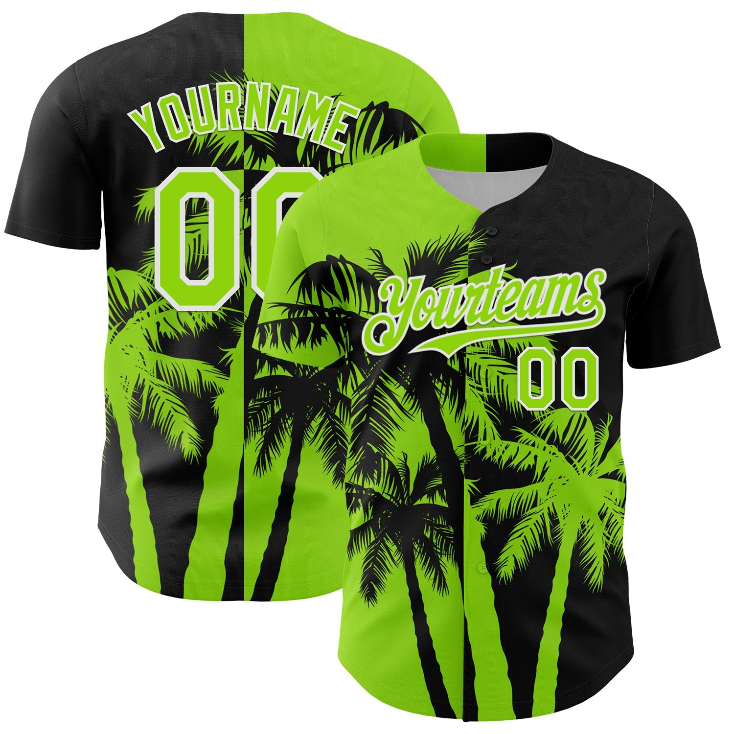 Custom Black Neon Green-White 3D Pattern Design Hawaii Palm Trees Tropical Coconut Authentic Baseball Jersey