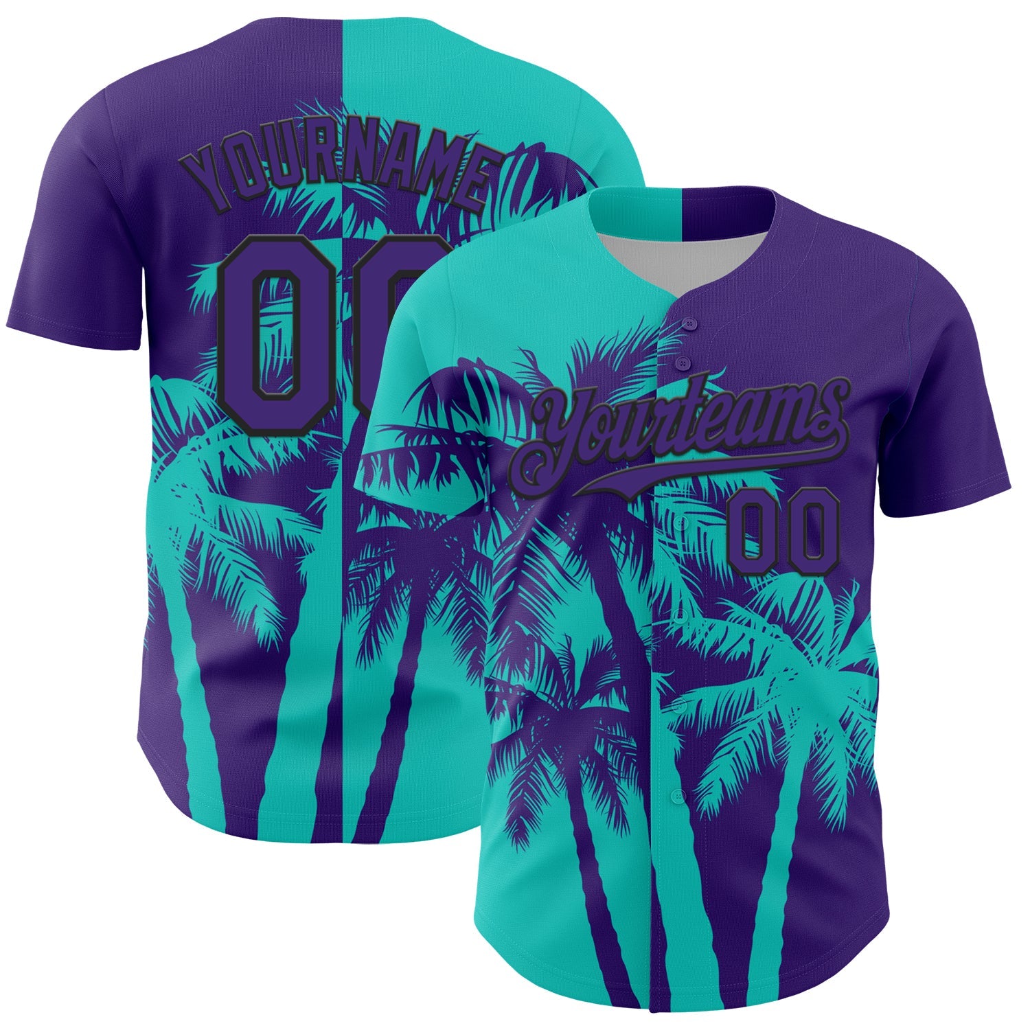 Custom Purple Aqua-Black 3D Pattern Design Hawaii Palm Trees Tropical Coconut Authentic Baseball Jersey