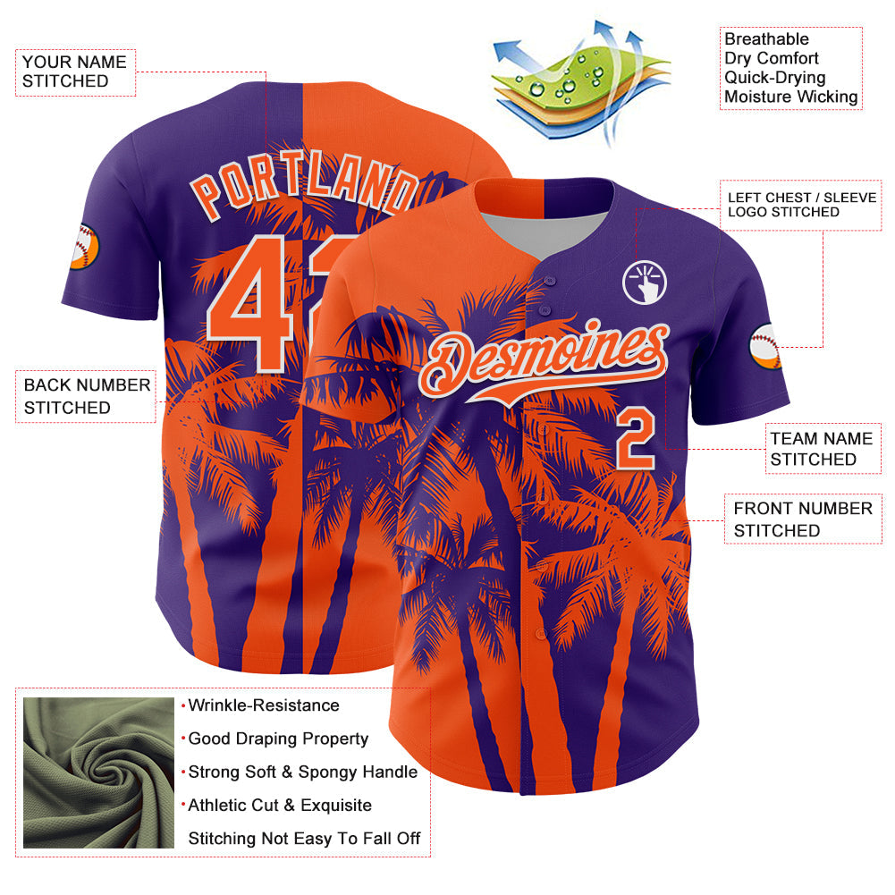Custom Purple Orange-White 3D Pattern Design Hawaii Palm Trees Tropical Coconut Authentic Baseball Jersey