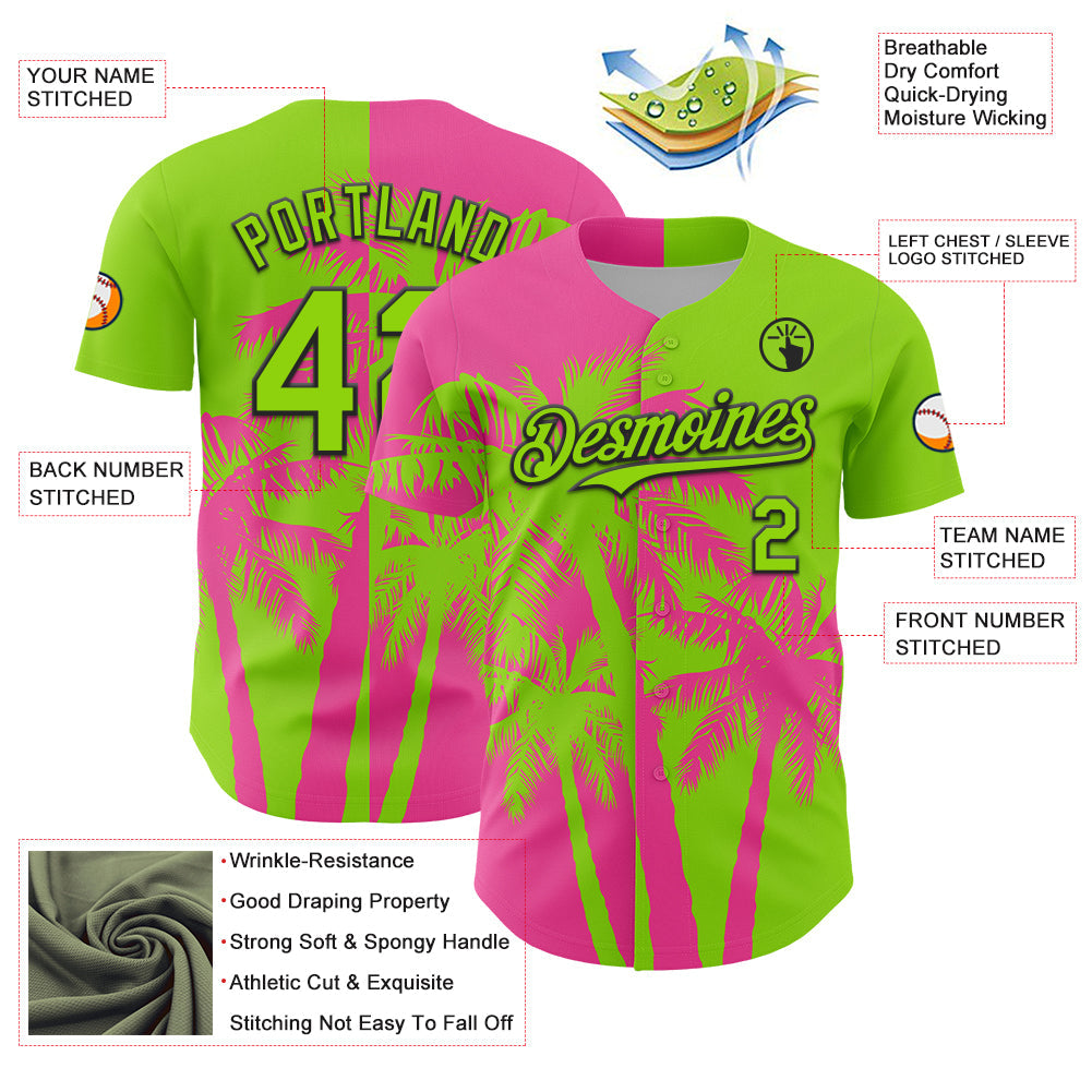 Custom Neon Green Pink-Black 3D Pattern Design Hawaii Palm Trees Tropical Coconut Authentic Baseball Jersey