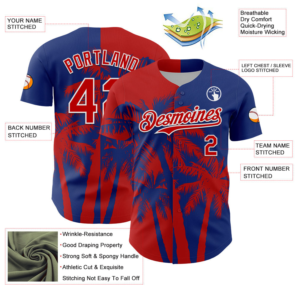 Custom Royal Red-White 3D Pattern Design Hawaii Palm Trees Tropical Coconut Authentic Baseball Jersey
