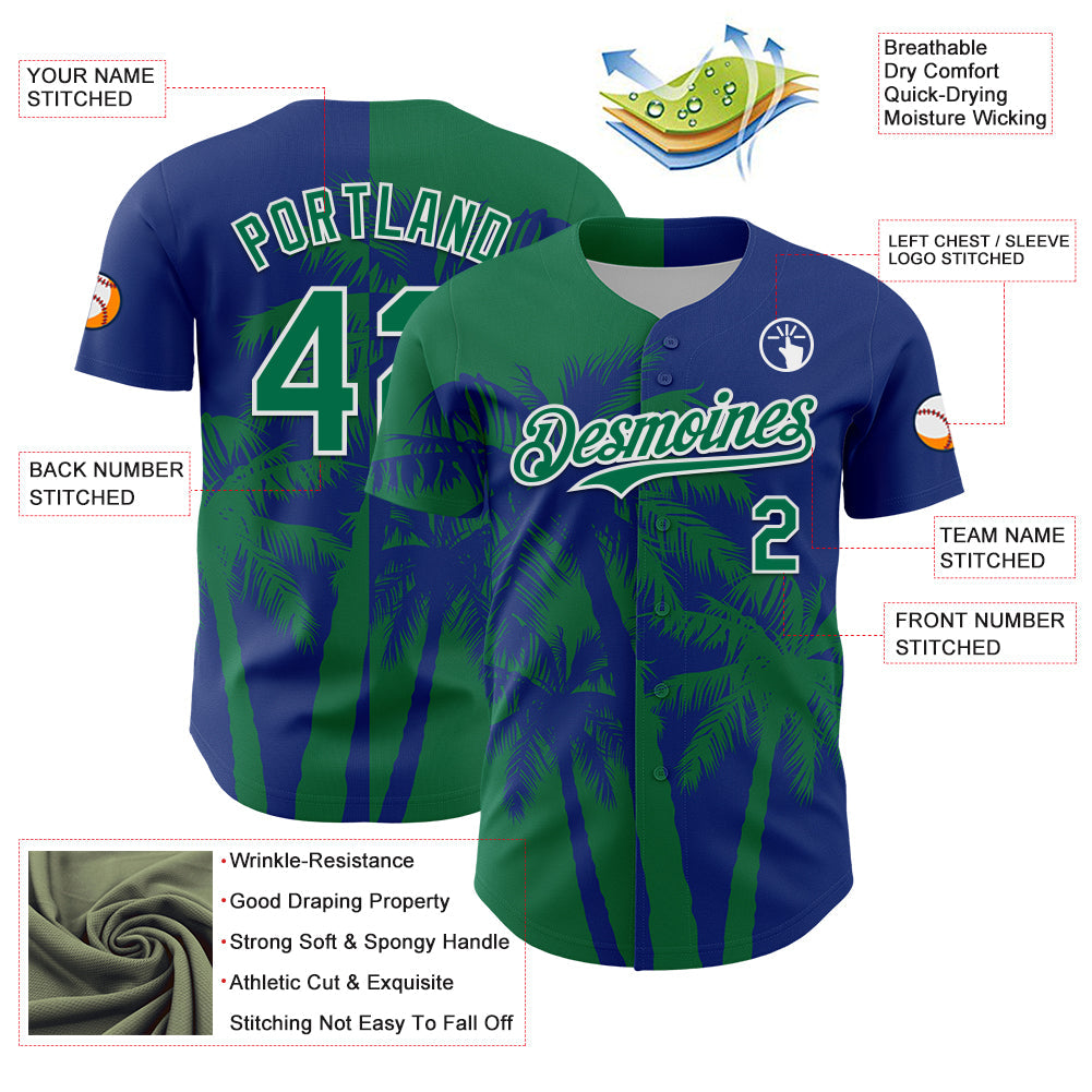 Custom Royal Kelly Green-White 3D Pattern Design Hawaii Palm Trees Tropical Coconut Authentic Baseball Jersey