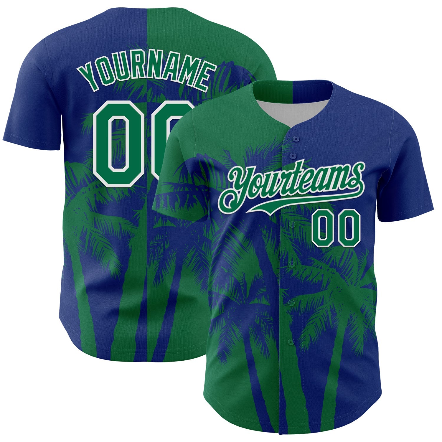 Custom Royal Kelly Green-White 3D Pattern Design Hawaii Palm Trees Tropical Coconut Authentic Baseball Jersey