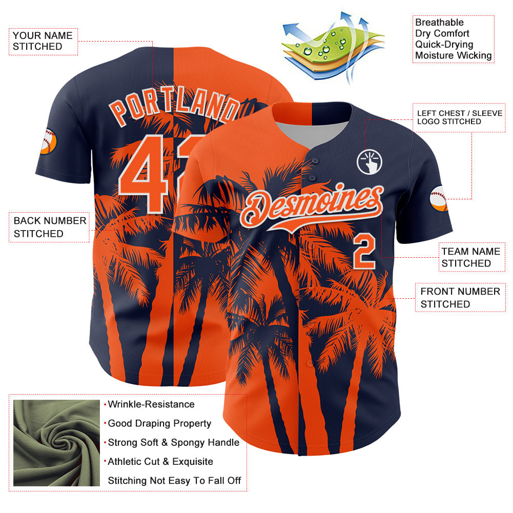 Custom Navy Orange-White 3D Pattern Design Hawaii Palm Trees Tropical Coconut Authentic Baseball Jersey