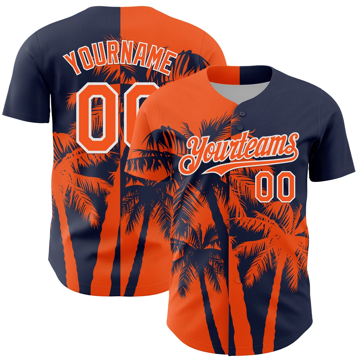 Custom Navy Orange-White 3D Pattern Design Hawaii Palm Trees Tropical Coconut Authentic Baseball Jersey