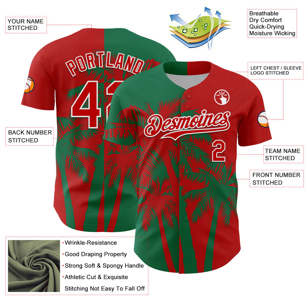 Custom Red Kelly Green-White 3D Pattern Design Hawaii Palm Trees Tropical Coconut Authentic Baseball Jersey