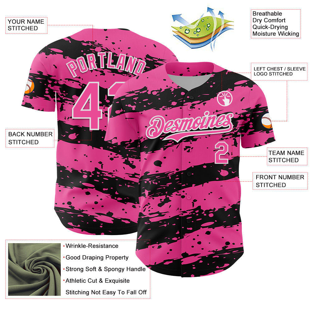 Custom Pink Black-White 3D Pattern Design Paint Splash Stripe Authentic Baseball Jersey