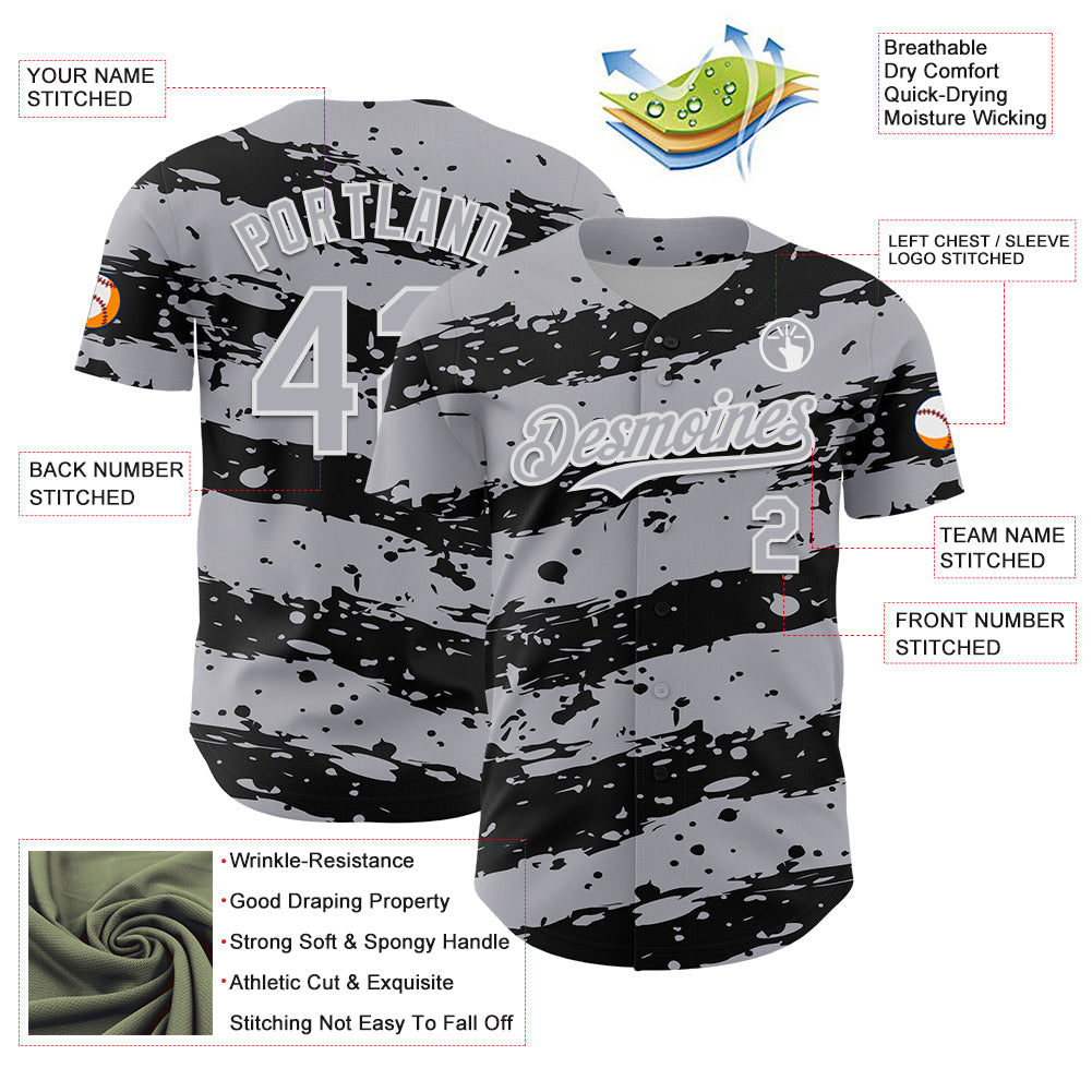 Custom Gray Black-White 3D Pattern Design Paint Splash Stripe Authentic Baseball Jersey