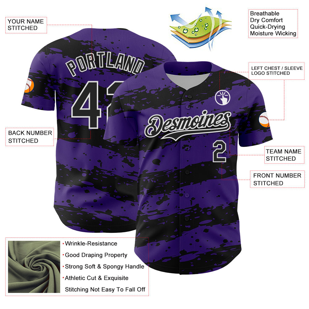 Custom Purple Black-White 3D Pattern Design Paint Splash Stripe Authentic Baseball Jersey