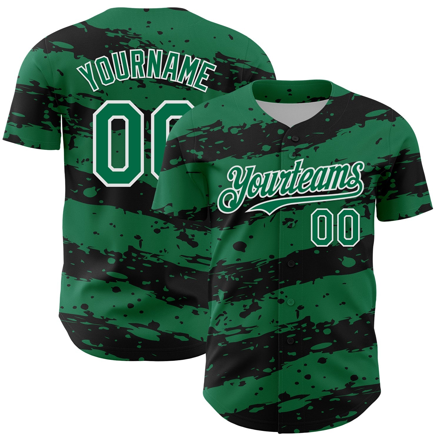 Custom Kelly Green Black-White 3D Pattern Design Paint Splash Stripe Authentic Baseball Jersey