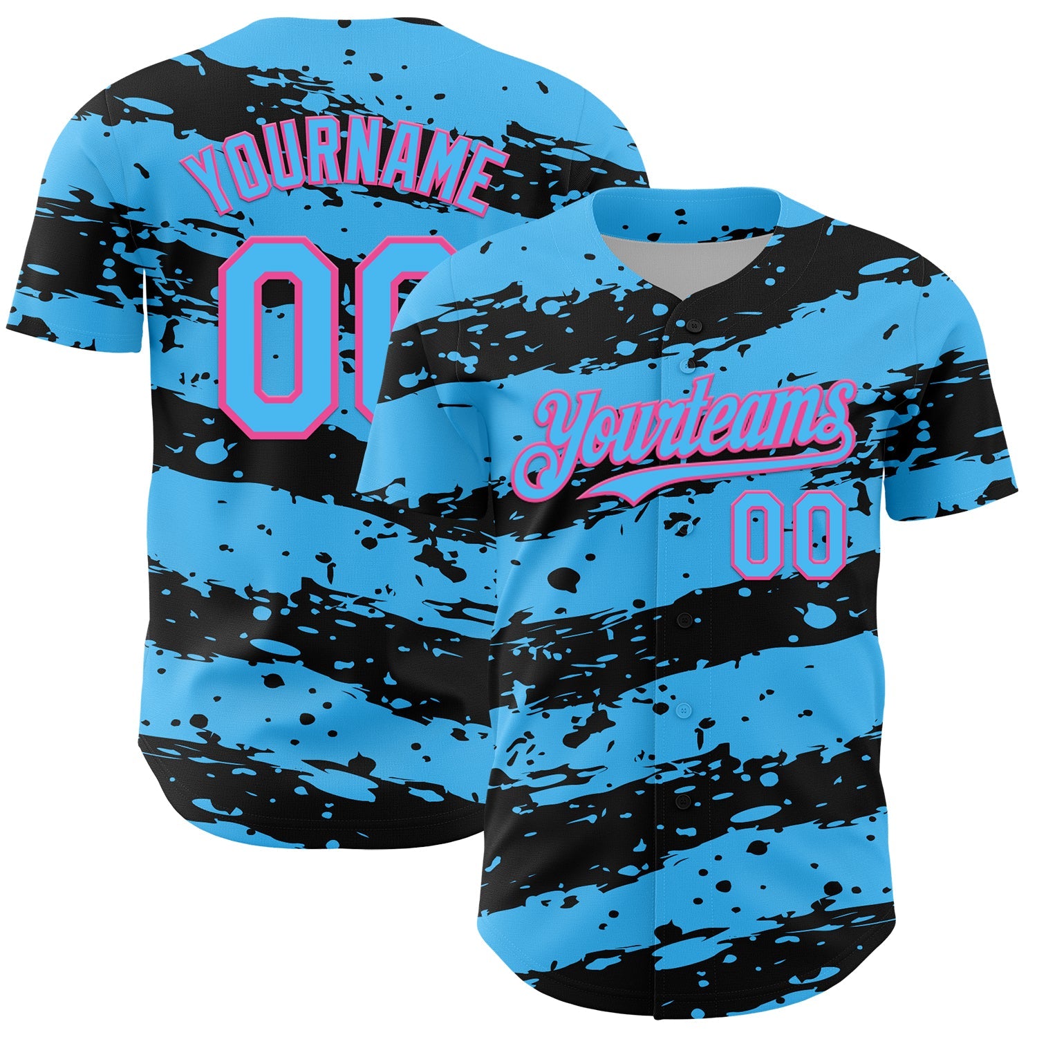 Custom Sky Blue Black-Pink 3D Pattern Design Paint Splash Stripe Authentic Baseball Jersey
