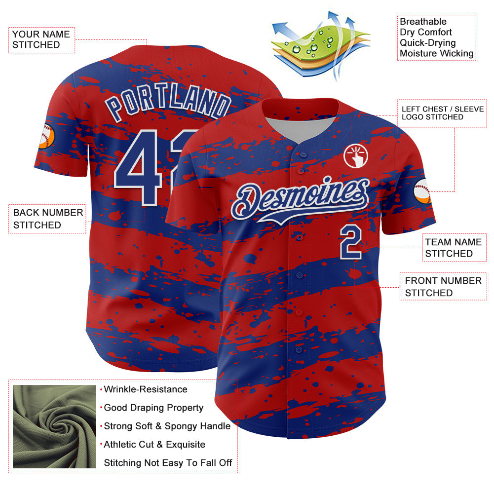 Custom Red Royal-White 3D Pattern Design Paint Splash Stripe Authentic Baseball Jersey