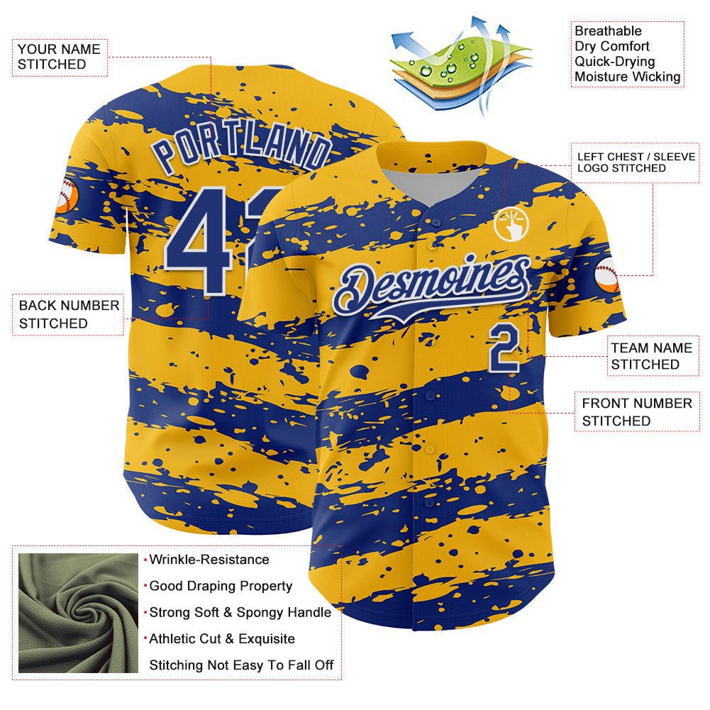 Custom Gold Royal-White 3D Pattern Design Paint Splash Stripe Authentic Baseball Jersey
