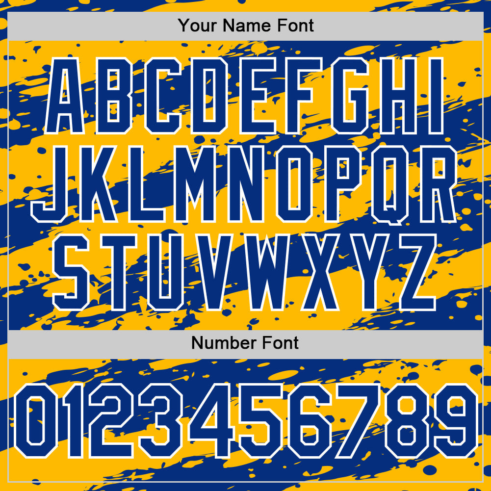 Custom Gold Royal-White 3D Pattern Design Paint Splash Stripe Authentic Baseball Jersey